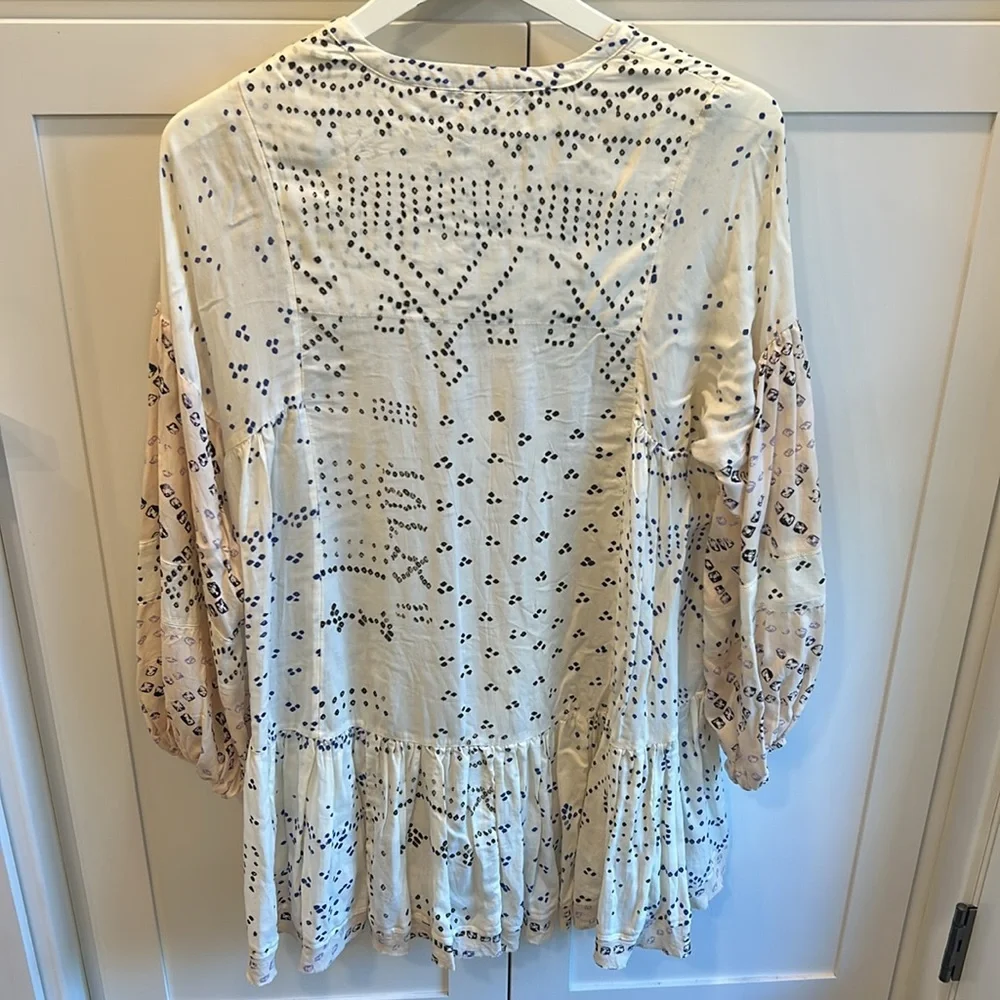 Free People Shibori Ivory Print Long Sleeve Button-Up Tunic Boho Festival XS